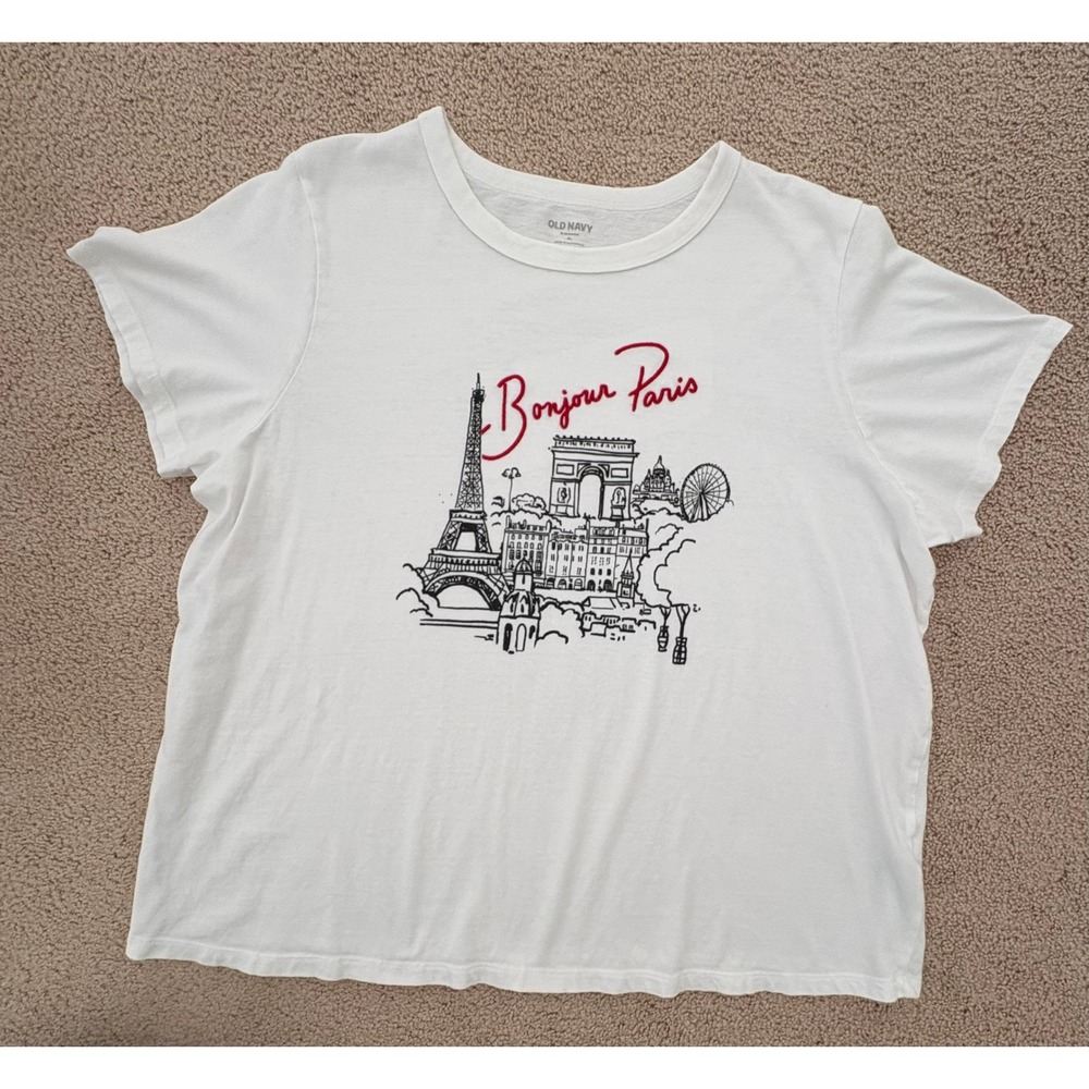 Old Navy Women EveryWear Graphic Tee XL White Bonjour Paris Eiffel Tower Cotton